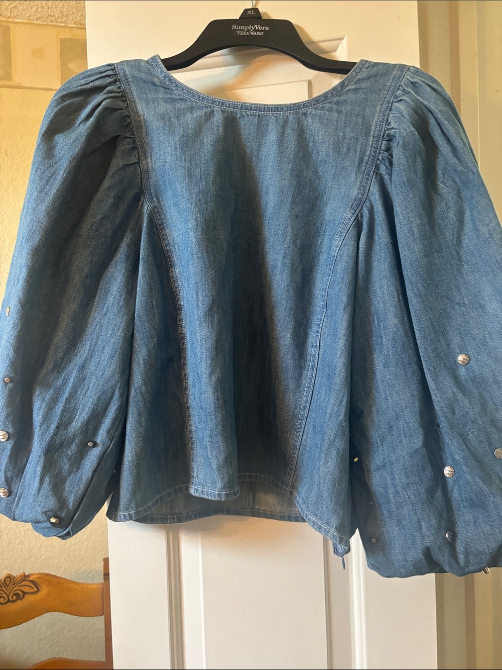 LOFT Light Blue Denim Balloon Sleeve Blouse with Studs
